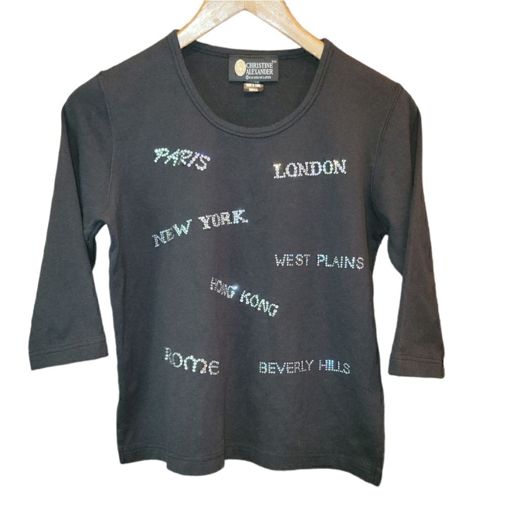 Christine Alexander World Traveler Black Bling Rhinestone 3/4 Sleeve Top S